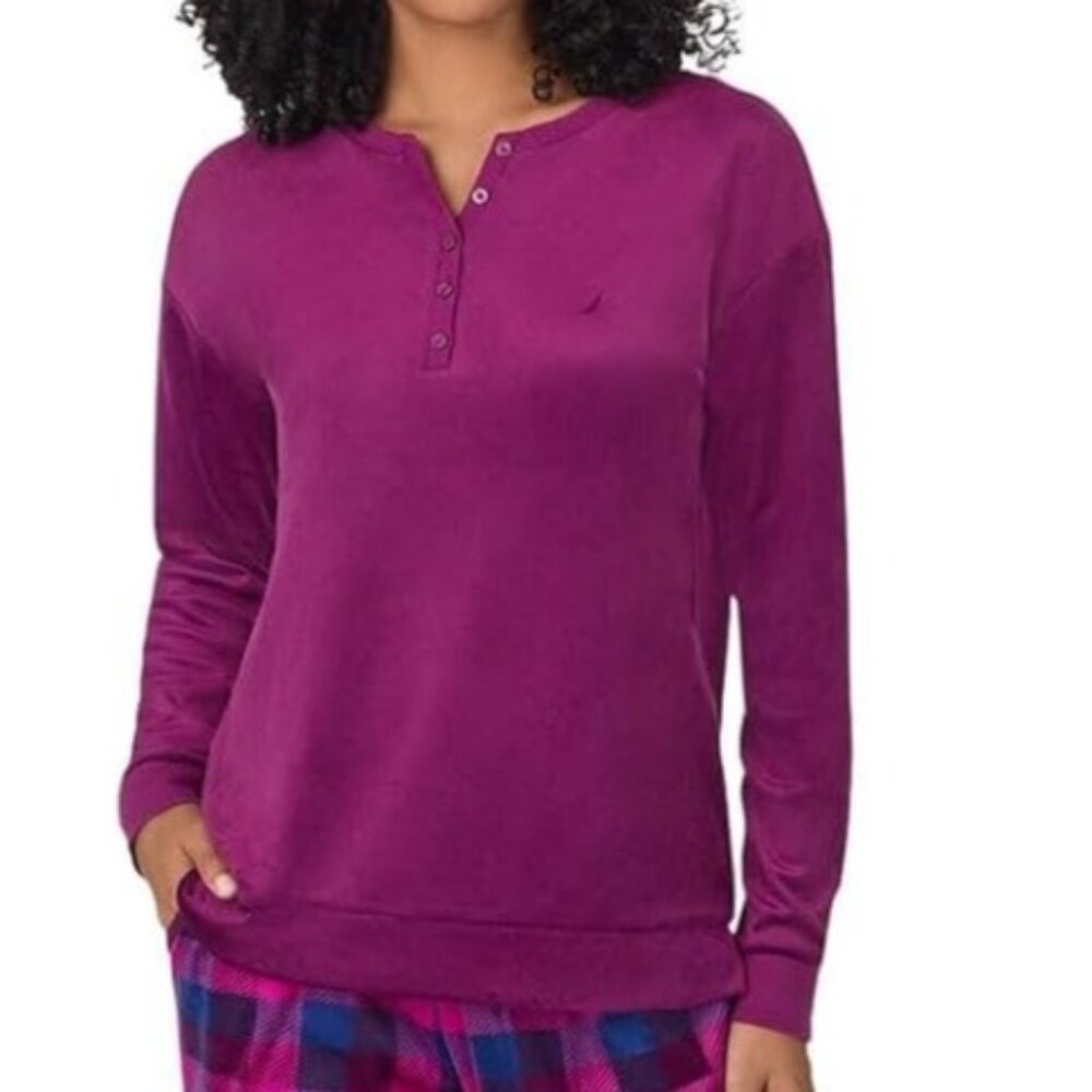 Nautica Women Med Pajama Shirt PJ Microfleece Sleepwear Long Sleeve Top Purple